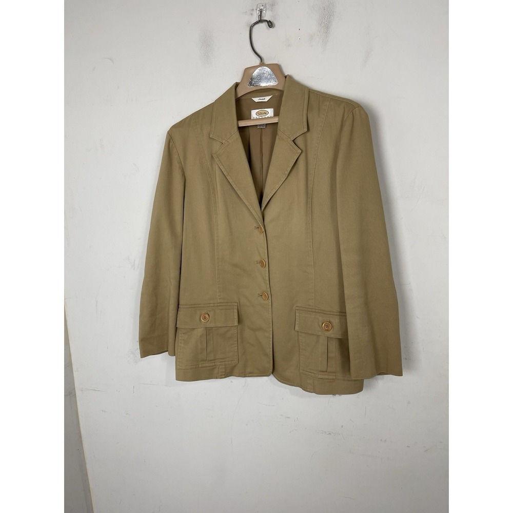 Talbots Petites Womens Khaki Tan Cotton Stretch Blazer Jacket Size 12P Utility - Picture 2 of 12